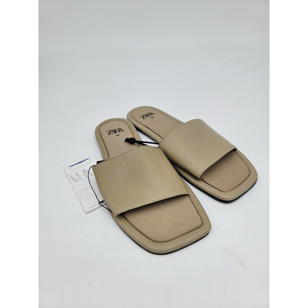Zara Flat Leather Sandals Slip On Slides Beige Tan Slippers Size 36/ 6 New